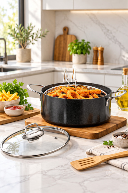 Gusto - 24 Cm Granit Kızartma Tenceresi Süzgeç Sepetli Cam Kapaklı Fritöz Tenceresi