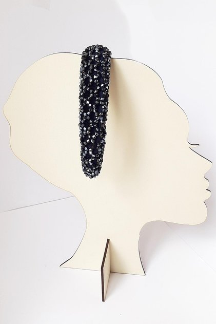 Women's Hand Embroidered Cross Crystal Jewelled Velvet Crown Thin Navy Color