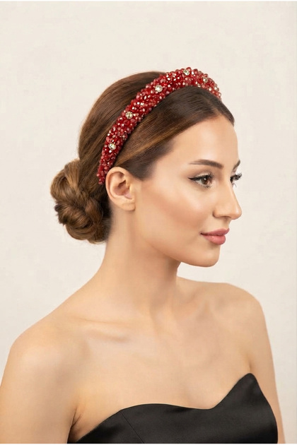 Hand Embroidered Mixed Crystal Beaded Velvet Crown Thin Red