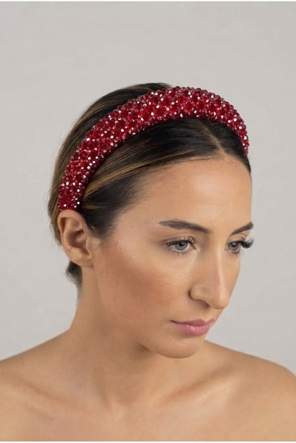 Women's Red Hand Embroidered Cross Crystal Stone Velvet Crown
