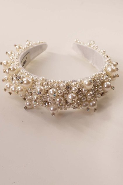 Hand Embroidered Dimensional White Velvet Crown with Pearls Thick