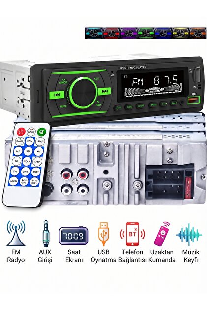 Oto teyp 2 Usb'li Oto Araba Teyp Bluetooth Usb Sd Kart Aux 7 Renk - Kumandalı