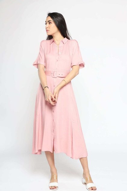 Short-sleeve polyester evening midi dress with waist belt