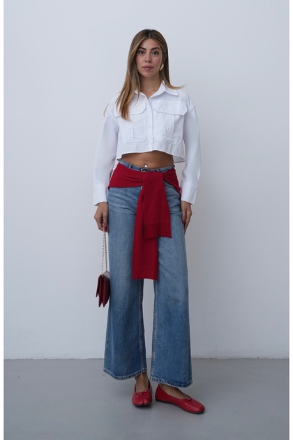 Oversize Crop Gömlek Geniş Kesim Uzun Kol Bluz Kadın Trend Gömlek Ceket Modern Stil Kısa Bluz