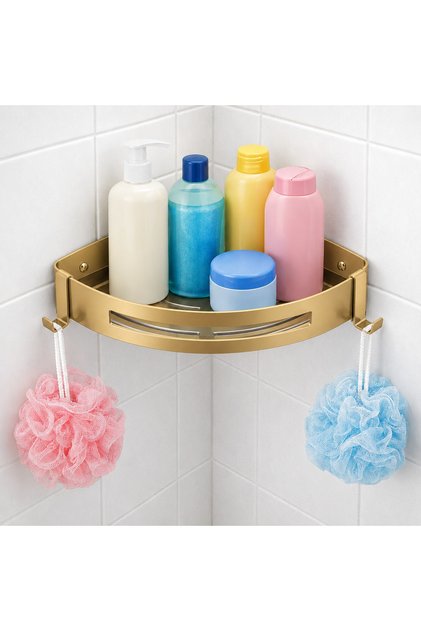 Banyo Köşe Rafı 304 Paslanmaz Çelik Şampuanlık Yapışkanlı veya Vidalı 23x23 cm Mat Altın KBK100-BG
