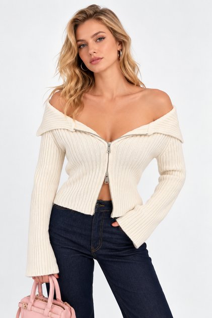 Double Zipper Stone Madonna Collar Knitwear Cardigan