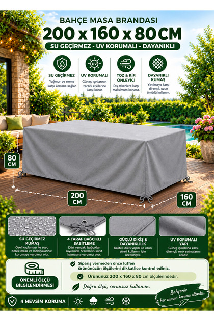 Bahçe Masa Brandası 200x160x80 CM Su Geçirmez UV Korumalı Masa Sandalye Takımı Dış Mekan Koruma Örtüsü