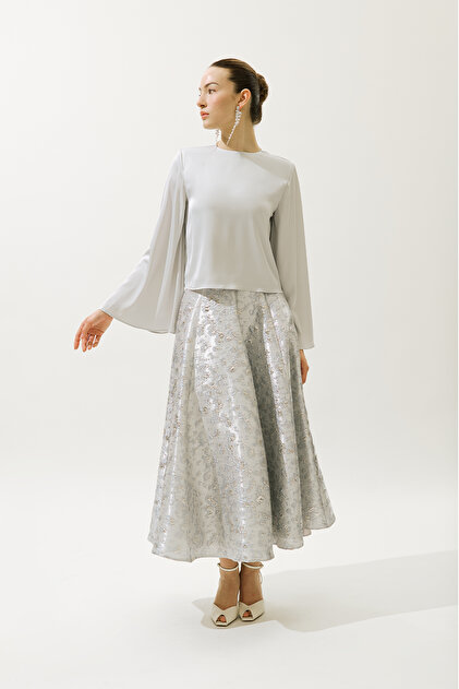 Satin Wide Sleeve Bluz Blue