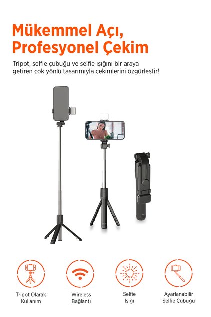 PSM137 Işıklı Uzaktan Kumandalı Tripod Siyah - Bluetooth Telefon Tutucu Selfie Çubuğu