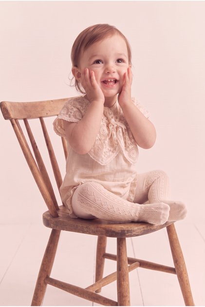 Baby Girl 100% Cotton Muslin Fabric Lace Collar Bowknot Ecru Romper Jumpsuit