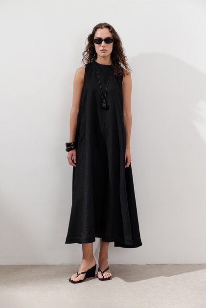 Linen Tie-Dye Wide Dress Black
