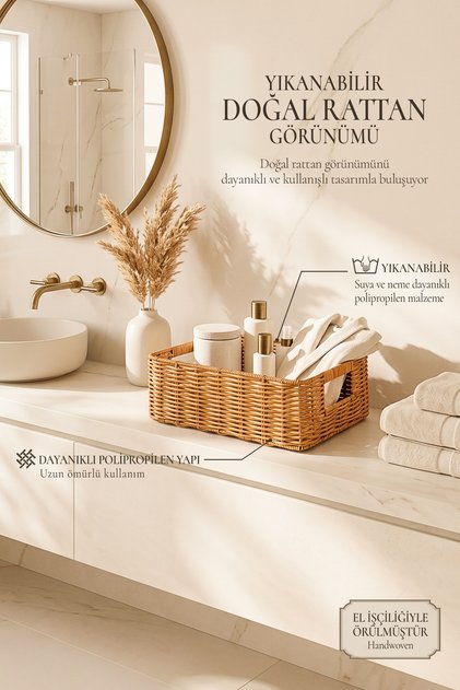 Yıkanabilir Bej PP Rattan Dolap İçi Çamaşır Çocuk Odası Oyuncak Düzenleyici Saklama Sepeti Organizer 39x29x13