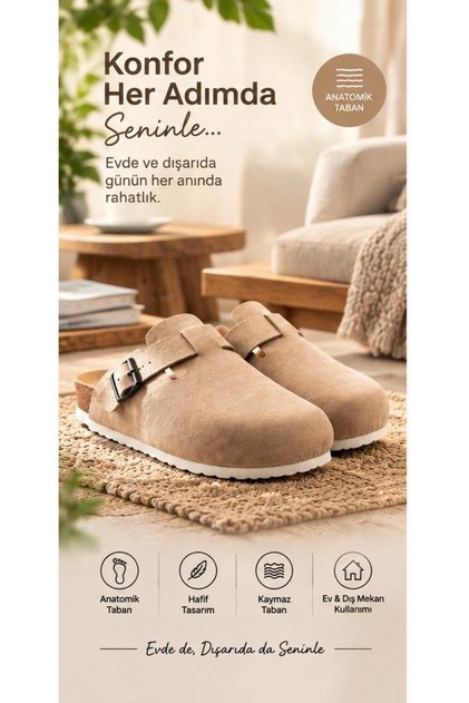 Comfortable Suede Beige Slippers with Closed Front Buckle 7005