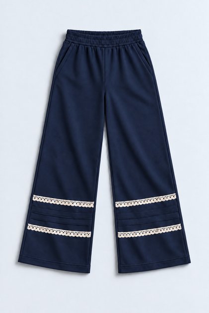 Girl's Wide Leg Elastic Waistband Scallop/Lace Ribbon Detail Comfortable Sweatpants