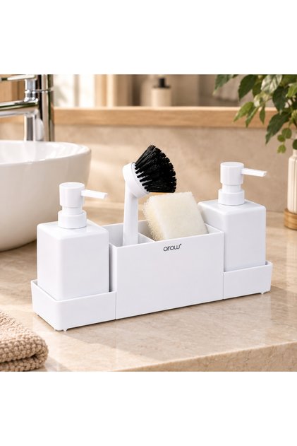 Modern Acrylic 2-Piece Liquid Soap Dispenser and Detergent Dispenser Brush Set White