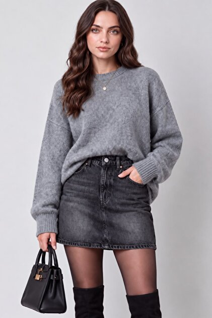 Kadın Yüksek Bel Mini Kot Etek Cepli Dar Kalıp %100 Pamuk Denim Etek