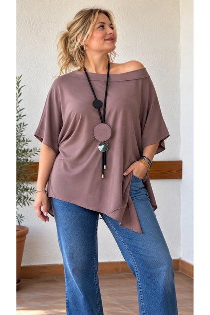 Short Sleeve Mink Tunic with Asymmetric Cut Necklace Std