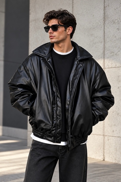 Schwarze Vintage-Lederjacke für Herren in Übergröße