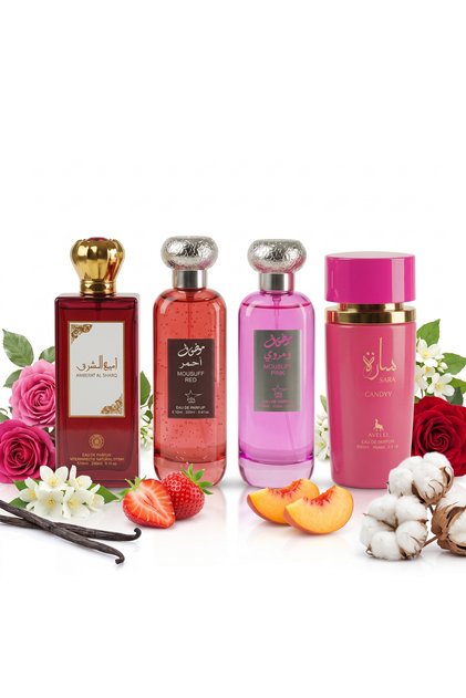 Set de 4 parfumuri arabe de damă 100ML - Ameerat Al Sharq + Mousuff Red + Mousuff Pink + Sara Candy