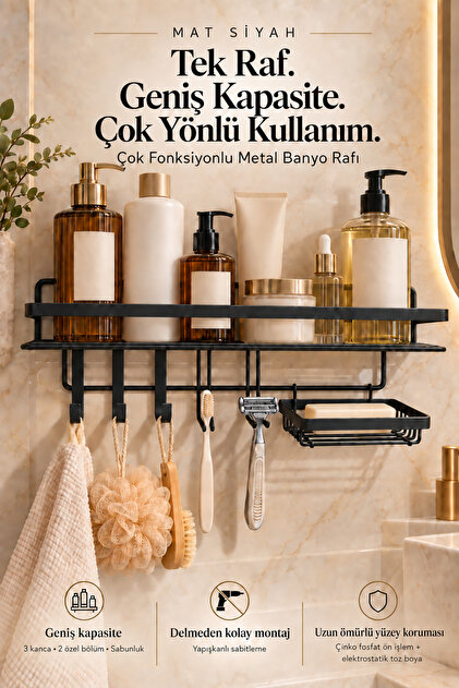 Multifunctional Stainless Bathroom Organizer Showercaddy Shelf, Premium Matte Black Shampoo Holder Organizer, Washcloth Hanger, Toothbrush and Razor Holder