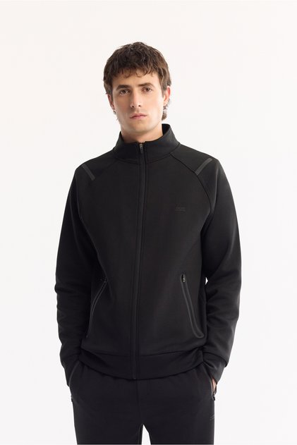 Men's Black Stand Collar Zippered Bi-Stretch Technical Fabric Regular Fit Sweatshirt A52Y1335
