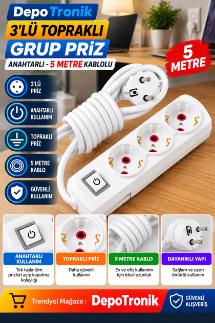 Üçlü Topraklı Anahtarlı Grup Priz 5mt