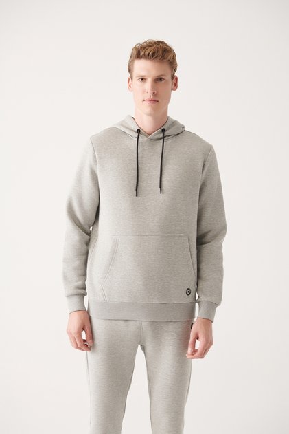 Erkek Gri Kapüşonlu 3 İplik Şardonlu Pamuklu Sweatshirt E001018