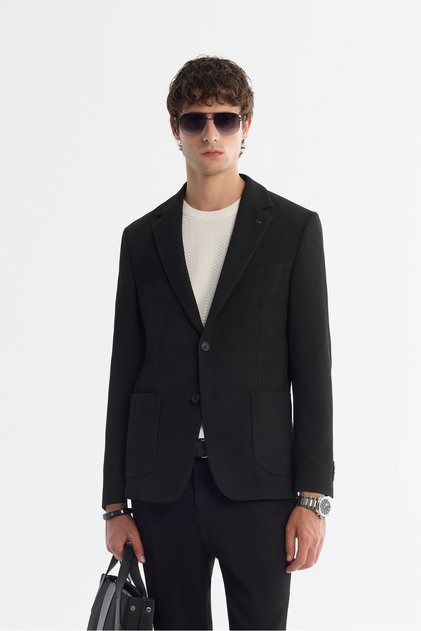 Blazer negru pentru bărbați, cu guler mono, bi-stretch, confortabil, slim fit, A42Y4011