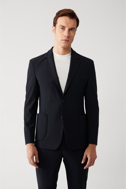 Men's Navy Blue Water Repellent 360 Degree Flexible Fabric Double Slit Unlined Jacket A32Y4012