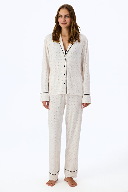 Ecru Arya Polka Dot Patterned Long Sleeve Shirt and Pants Pajama Set