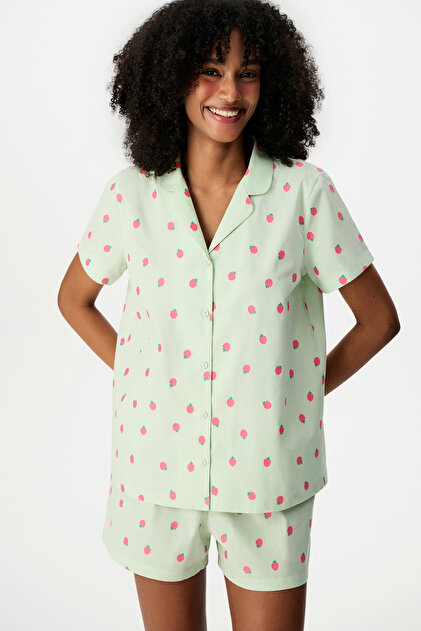 Yeşil Summer Breeze Gömlek Meyve Desenli Kısa Kollu Şort Pijama Takımı
