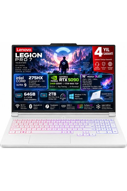Legion Pro 7 16IAX10H Intel Core Ultra 9 275HX 64GB 2TB SSD RTX 5090 24GB (175W) 16" WQXGA (2560x1600) OLED 240Hz Windows 11 Pro Taşınabilir Bilgisayar 83F500S3TR