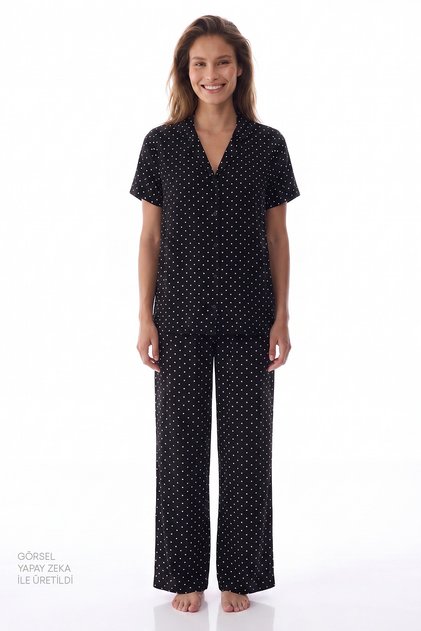 Black White Polka Dot Patterned Short Sleeve Shirt Pants Pajama Set