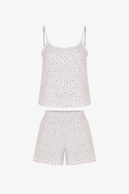 Kırık Beyaz Fiona Muslin Puantiye Desenli Şort Pijama Takımı