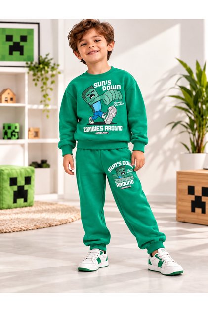 3-Thread Thick, Internally Embroidered, Green Color Cartoon Character Children's Tracksuit Set