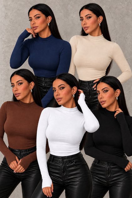Women's Black Cream White Bitter Brown Navy Blue 5-Piece Finger Detailed Bodysuit
