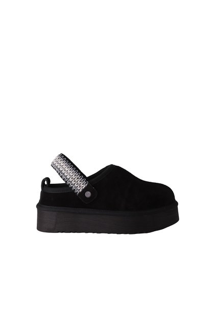 Black Genuine Suede Leather Fur Platform Heeled Women's Back-Strap Slippers Thermo Sole