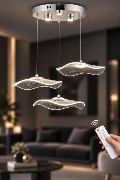 Şapka 3'lü Kumandalı Gümüş 3 Renk Led Lüx Modern Ledli Avize