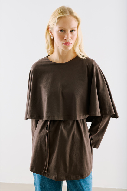 Cape-Style Belted Tunic Brown