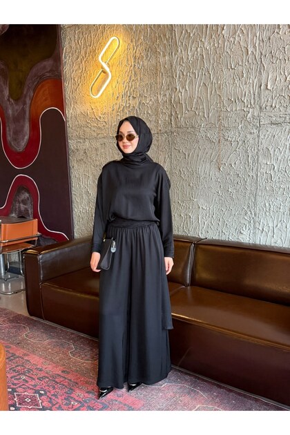 9427 Asetat Kumaş Pantolonlu Takım Siyah