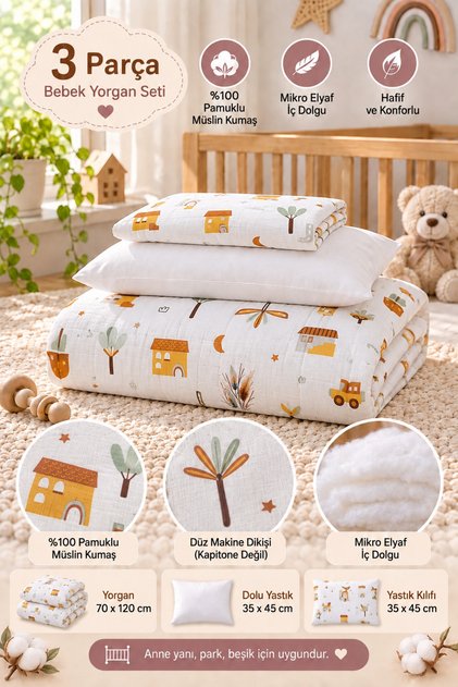 %100 Organik Pamuklu Müslin Kumaştan Bebek Yorganı Seti 70 X 120 Cm Seti ( OEKO-TEX sertifikalıdır. ) ( Yorgan & Yastık & Yastık Kılıfı )