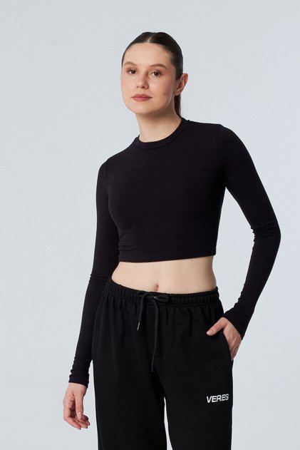 Women's Black Cotton Long Sleeve Crew Neck Basic Crop Blouse