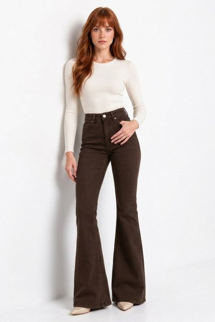 Brown Women's High Waist Spanish Flare Lycra Jean Pants -'70S Style' Flare Jean