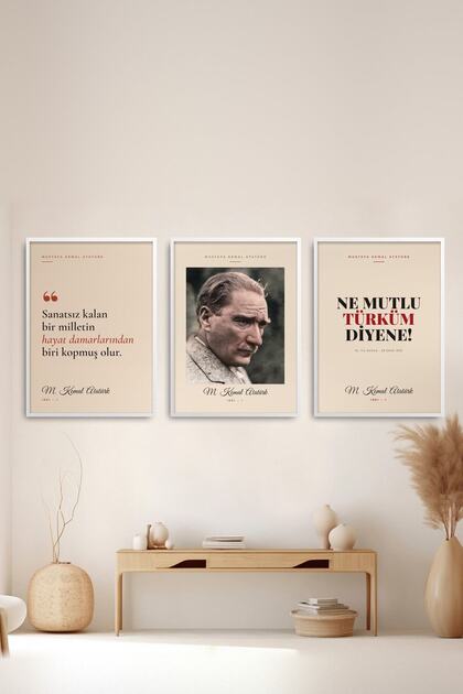 3-Piece Set of Ataturk Portrait and Quotes Framed Paintings Living Room Study Room Wall Decoration Triata05