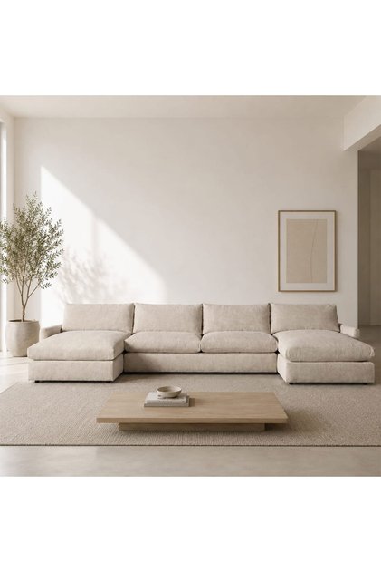 U-Shaped Corner Sofa Chenille and Suede Wood - Beige - Armira - 350X160X160X80X85 cm