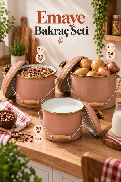 Emaye Bakraç Seti 3'lü 20-22-24 cm Kahverengi - Yoğurt Bakracı ve Saklama Kabı