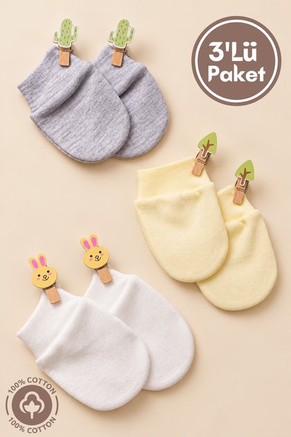 Newborn Cotton Baby Gloves Set of 3 - Yellow
