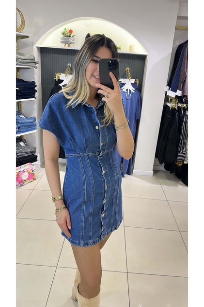 KADIN KISA KOLLU TASARIM JEAN ELBİSE