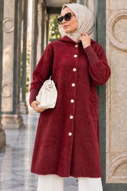 Hooded Buttoned Long Burgundy Beard Angora Hijab Knitwear Cardigan 251424Br