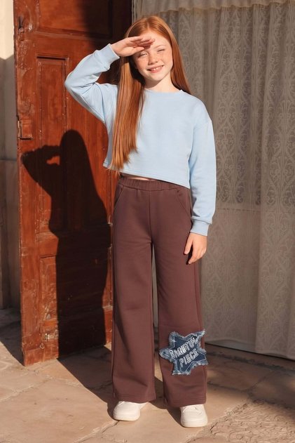 Denim Star Embroidered Girls' Trousers with Elastic Waist